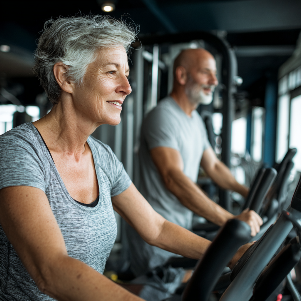 Mature people exercise in a modern gym with professional equipment.