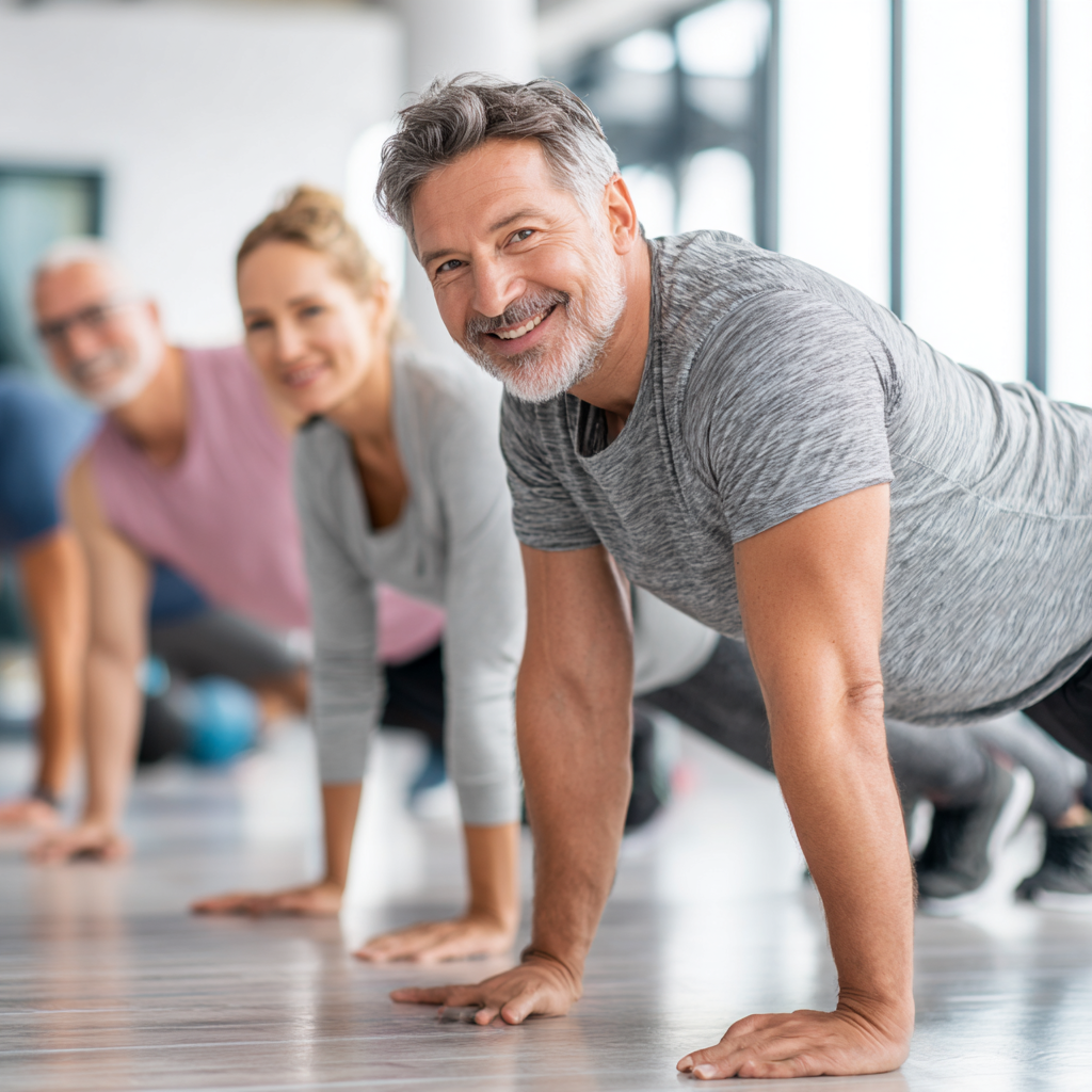 Middle-aged adults perform functional exercises in a bright hall